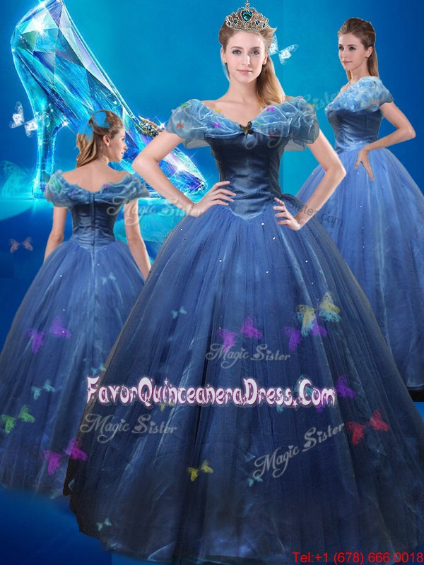  Cinderella Off the Shoulder Navy Blue Tulle Lace Up Quinceanera Gown Sleeveless Floor Length Beading and Bowknot