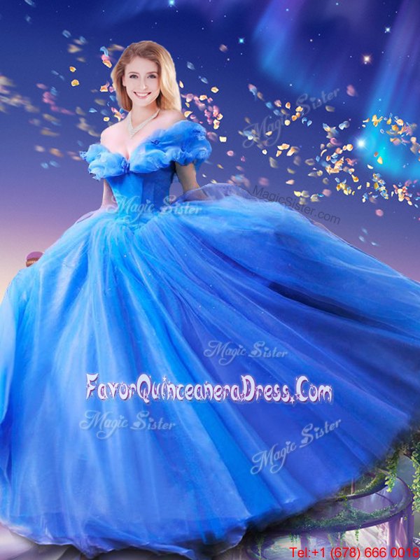 Dramatic Cinderella Off the Shoulder Floor Length Ball Gowns Sleeveless Royal Blue Quinceanera Dress Lace Up
