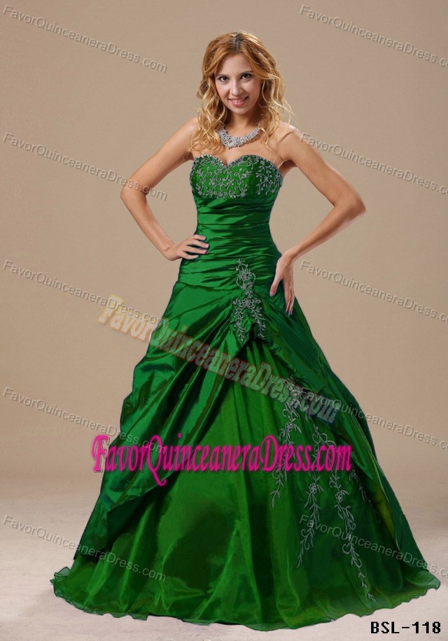 A-line Sweetheart Dress for Quinceanera in Green with Appliques and Ruches