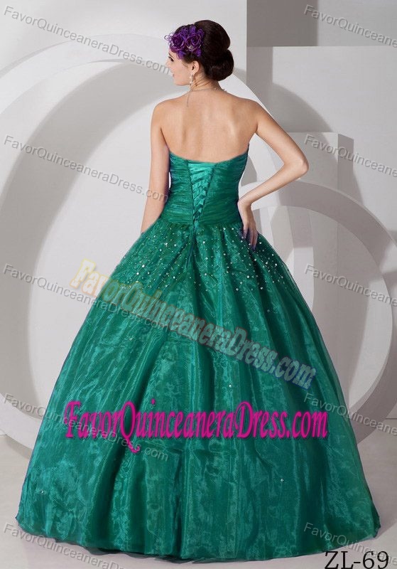 Green Ball Gown Beaded and Ruched Dress for Quinceanera with Strapless