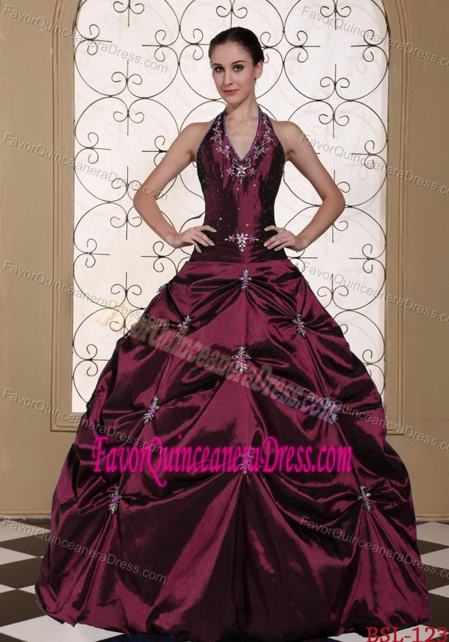 Halter-top Taffeta Dress for Quinceanera with Beadings in Dark Red Color
