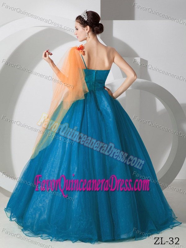One Shoulder Blue Quince Dress in Taffeta and Tulle with Handmade Flowers