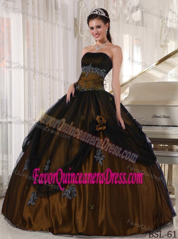 Bottom Price Brown Dress for Quince with Handmade Flowers and Lace Up Back