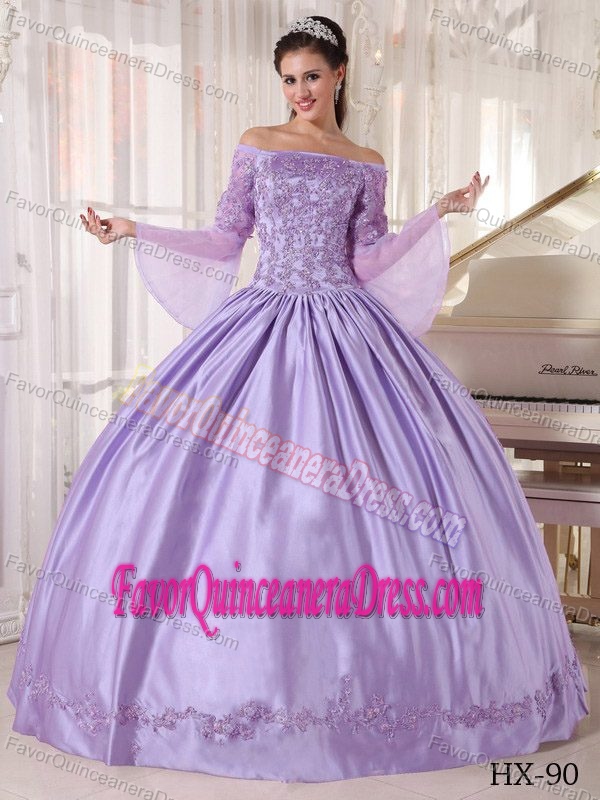 Off-the-shoulder Long Sleeves Quinceanera Gowns with Appliques in Lilac