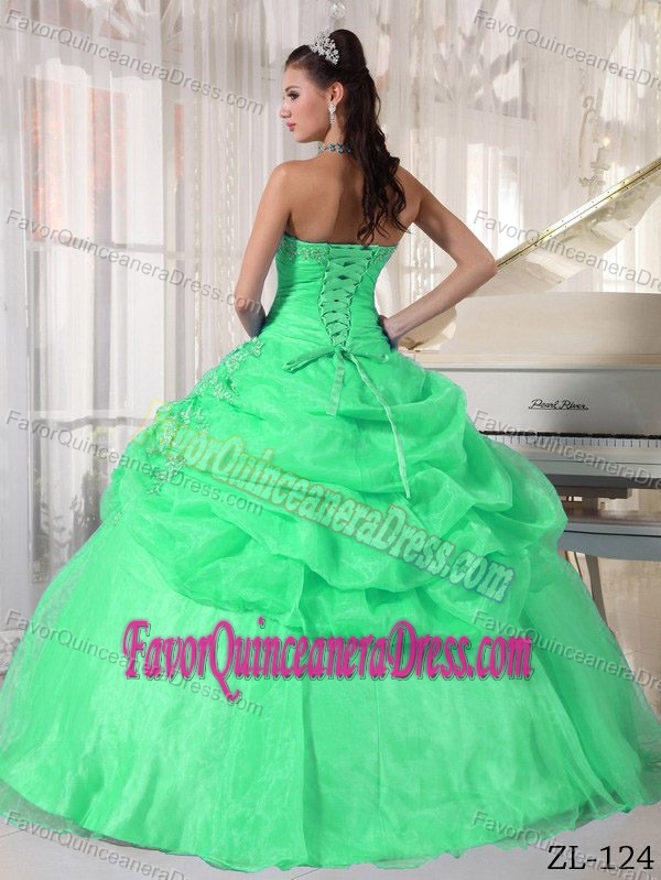 Green Strapless Sweet Sixteen Quinceanera Dresses with Ruffles in Organza