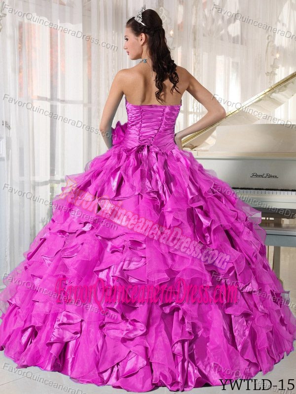 Ruched and Beaded Organza Ball Gown Dresses for Quince in Hot Pink Color