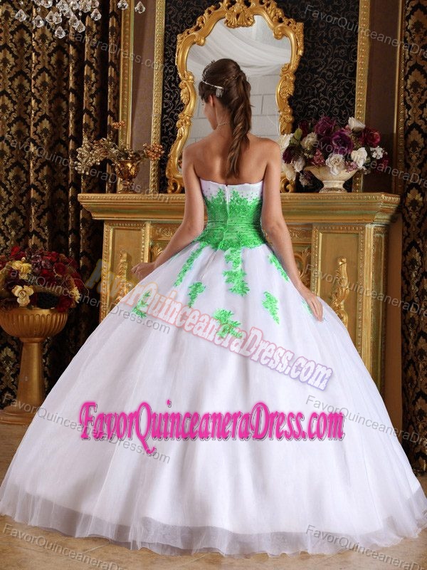 White and Spring Green Strapless Ball Gown Sweet 16 Dresses with Appliques