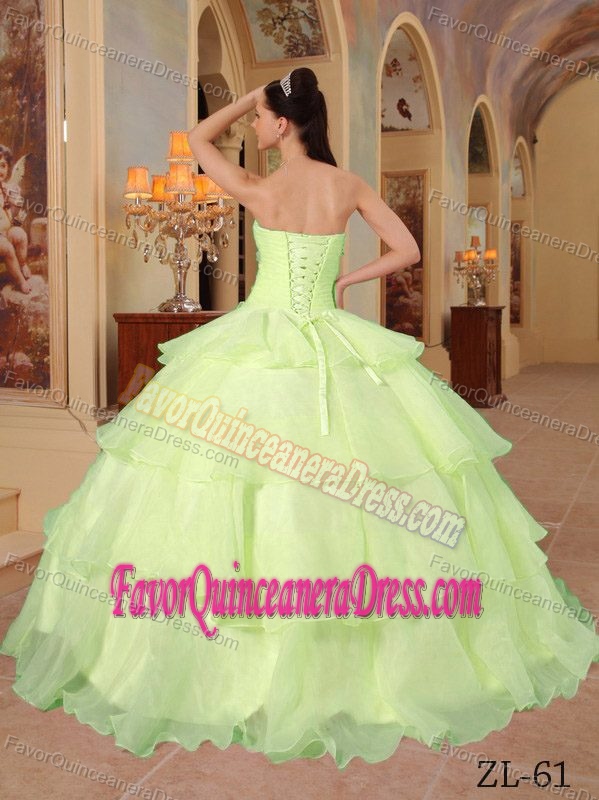 Attracting Organza Quinces Dresses with Ruches and Beads in Spring Green