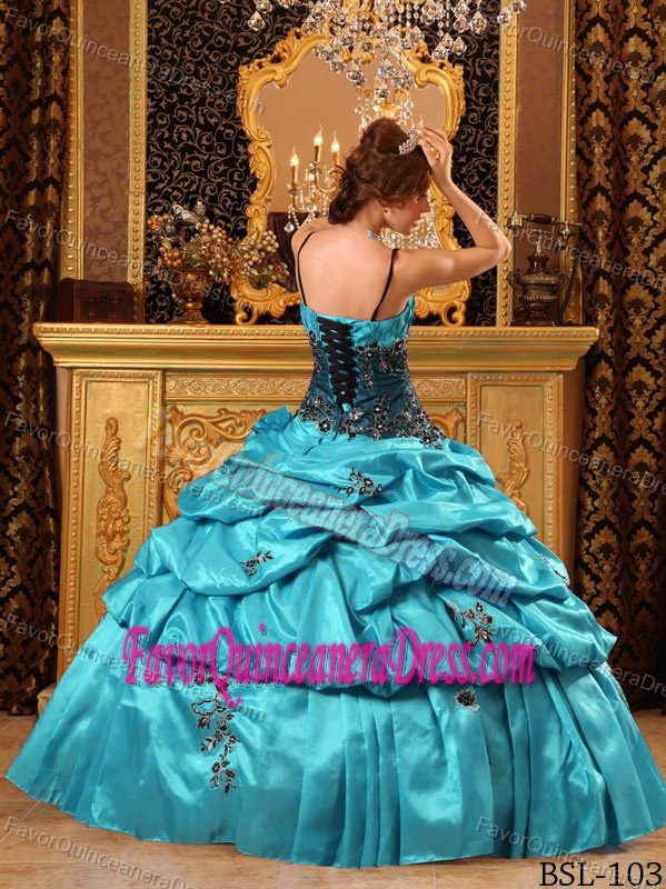 Classical Lace-up Taffeta Sweet 22 Dresses with Appliques in Aqua Blue