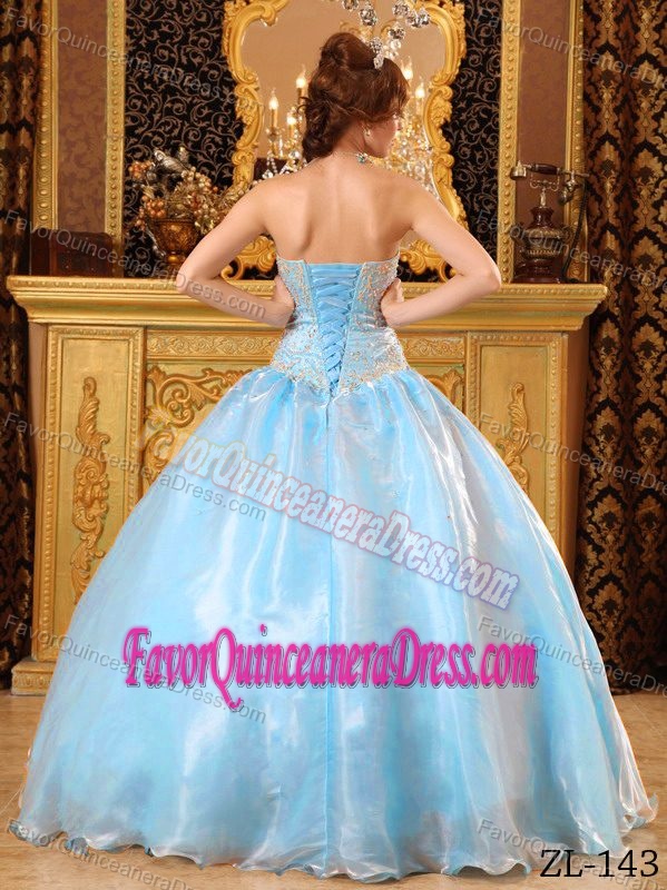 Fashionable Strapless Floor-length Organza Quinceanera Dresses in Light Blue
