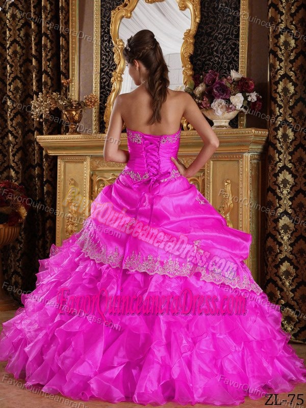 Elegant Hot Pink Organza Lace-up Quinceanera Dresses with Embroidery