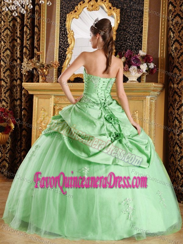 Apple Green Ruched Strapless Tulle and Taffeta Sweet Quinceanera Dress