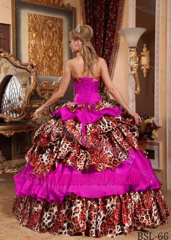 Strapless Floor-length Taffeta and Leopard Sweet 20 Dresses with Pick-ups