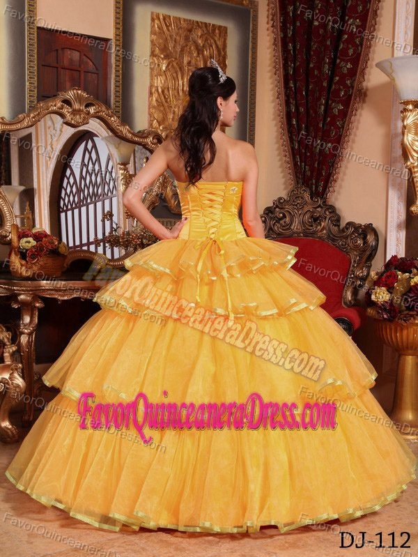 Fuchsia Gold Strapless Lace-up Organza Gorgeous Sweet 19 Dress with Ruffles