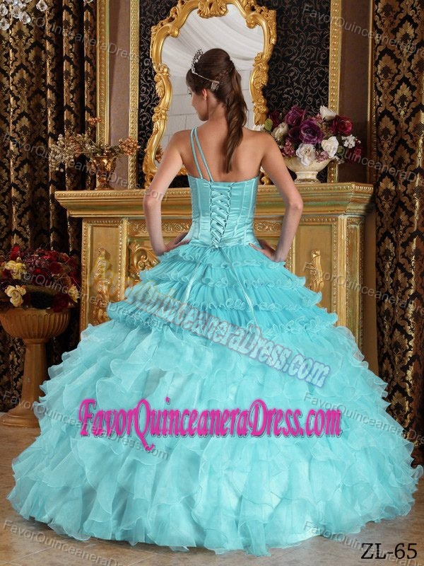 Baby Blue One Shoulder Satin and Organza Exquisite Quinceanera Gowns