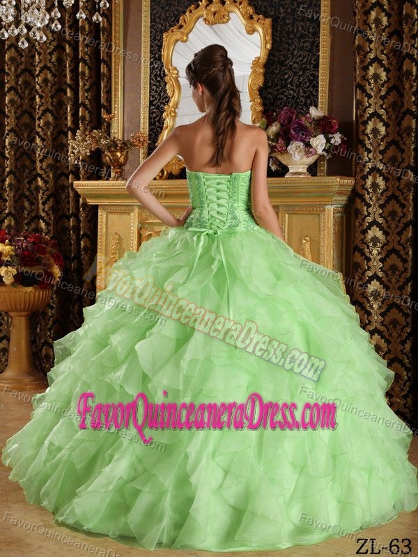 Apple Green Strapless Satin and Organza Long Wonderful Quince Dresses