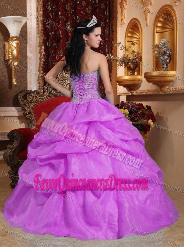 Sweet Lavender Lace-up Organza Long Quinceanera Dresses with Pick-ups