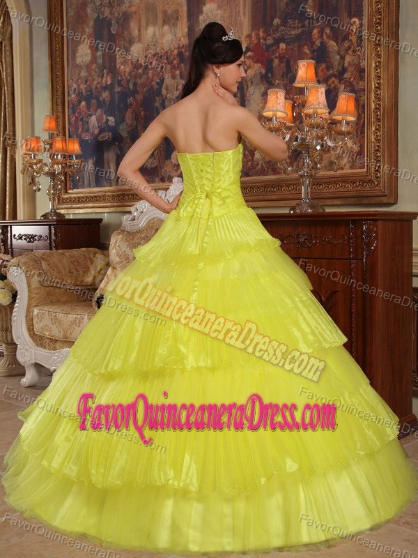 Attractive Strapless Organza Dresses for Quince in Yellow with Appliques
