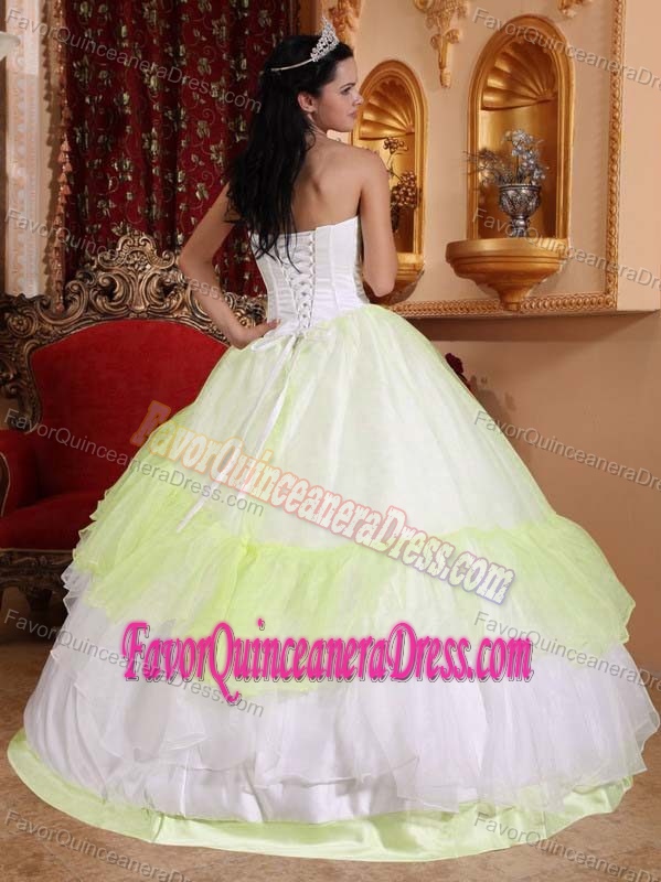 New Yellow Green and White Organza Dress for Quinceanera with Embroidery