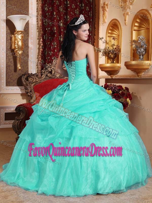 Aqua Blue Strapless Beaded Organza Lace-up Wonderful Quince Dresses