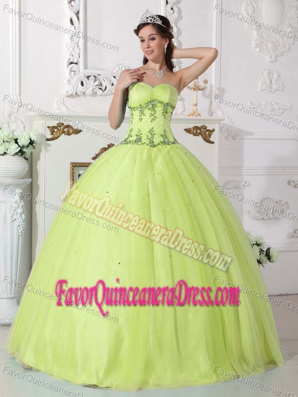 Sweetheart Long Tulle and Taffeta Dresses for Quinceaneras in Yellow Green