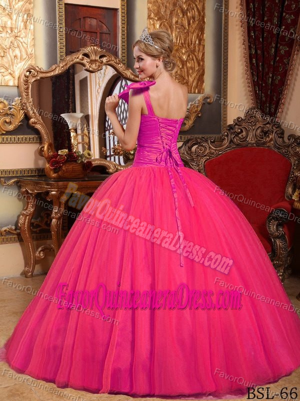 Hot Pink One Shoulder Tulle Impressive Dresses for Quinceanera with Bowknot