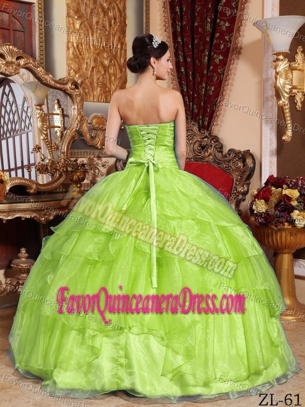 Yellow Green Strapless Organza Romantic Dresses for Quince with Beading
