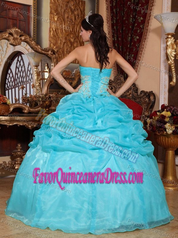 Strapless Organza Popular Aqua Blue Quinceanera Gown Dress with Appliques