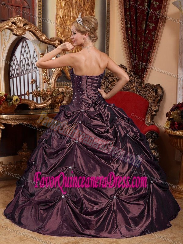 Wonderful Strapless Lace-up Beaded Taffeta Quince Dresses in Dark Purple