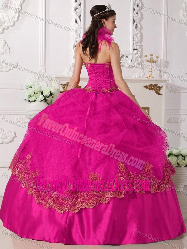 Hot Pink Halter Top Taffeta Luxurious Dresses for Quinceaneras with Appliques