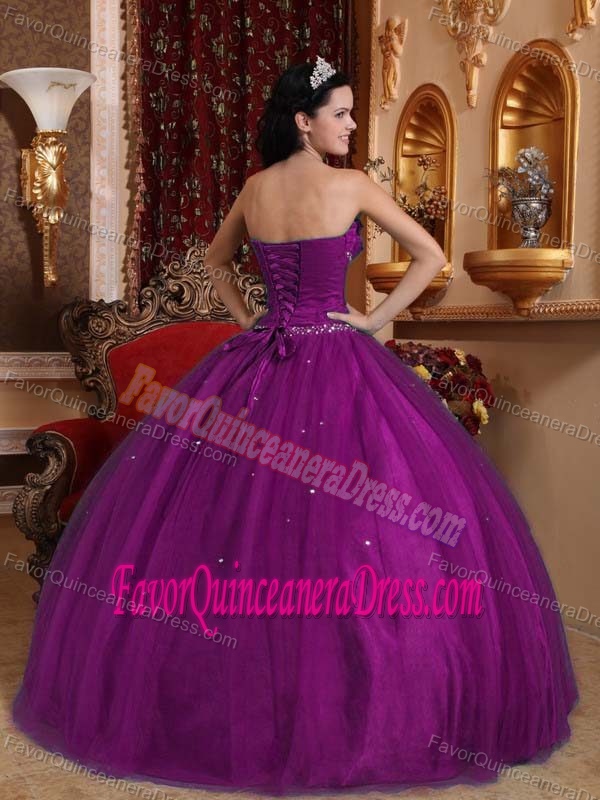 Impressive Sweetheart Flowers Tulle Purple Long Dresses for Quinceanera