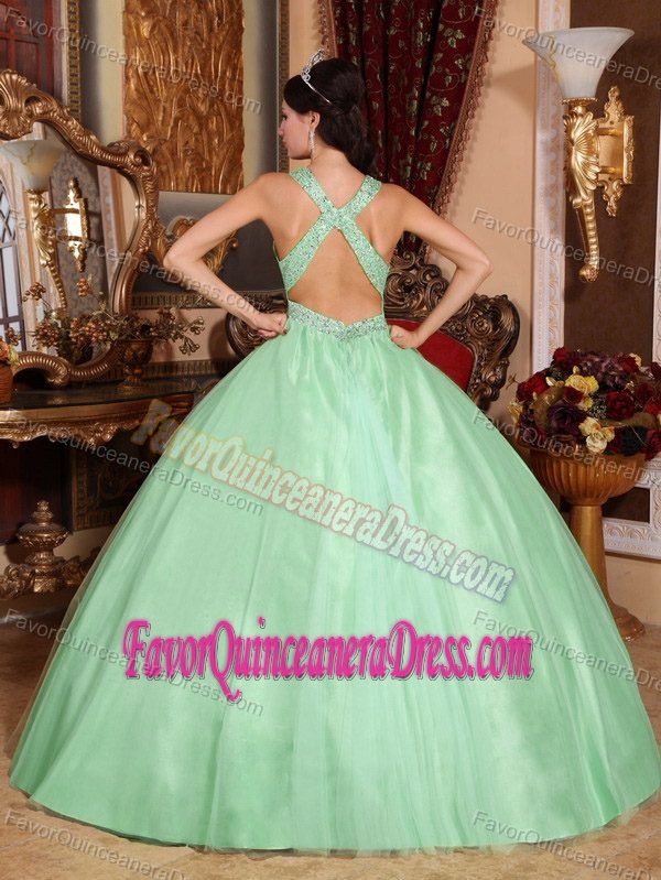 Romantic Apple Green V-neck Long Beaded Tulle and Taffeta Dress for Quince