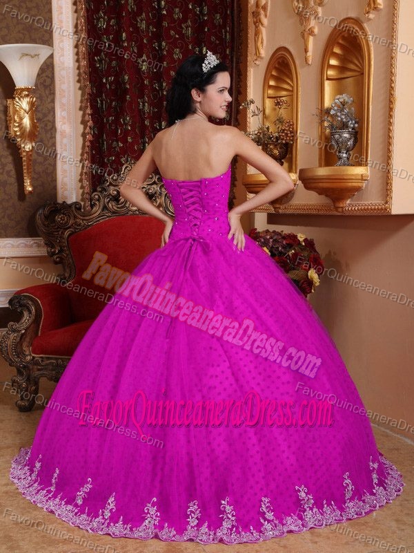 Gorgeous Strapless Fuchsia Floor-length Tulle Sweet 15 Dresses with Appliques