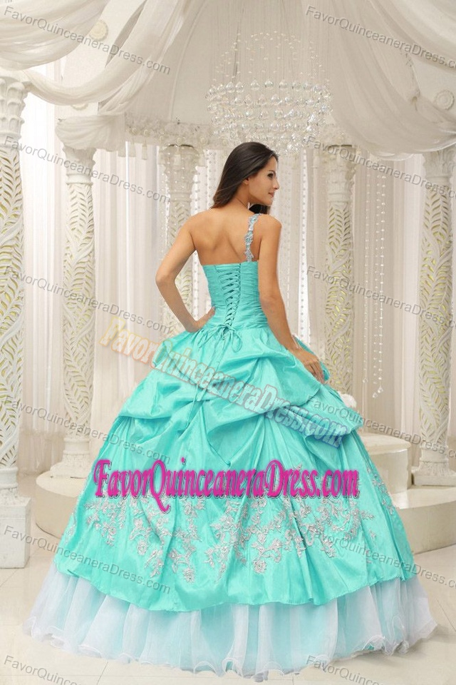 Special One Shoulder Appliqued Apple Green Quinceanera Gown in Taffeta