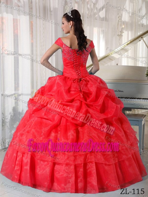 Red Off The Shoulder Taffeta and Organza Quince Dress with Pick-ups