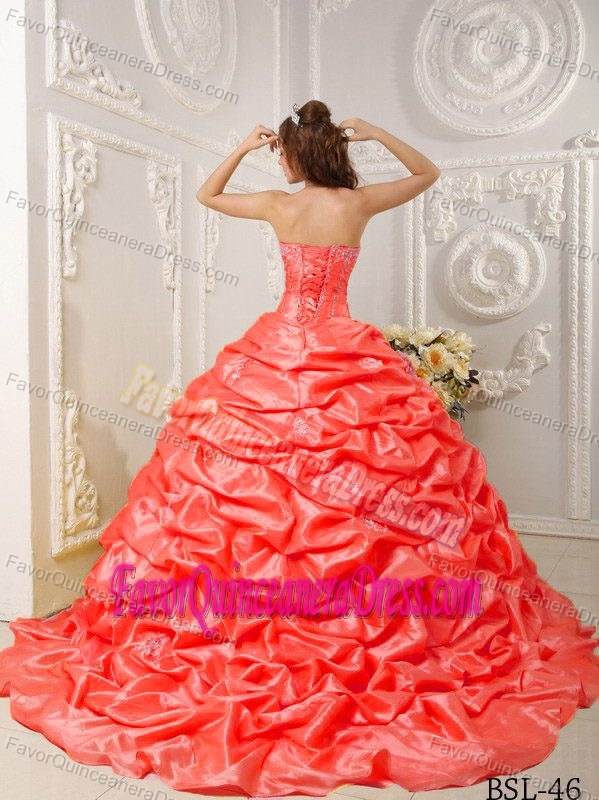 2012 Red Strapless Court Train Quince Dress in Taffeta with Pick-ups
