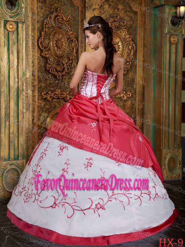 Satin Red Strapless Timeless Dresses for Quinceanera with Embroidery