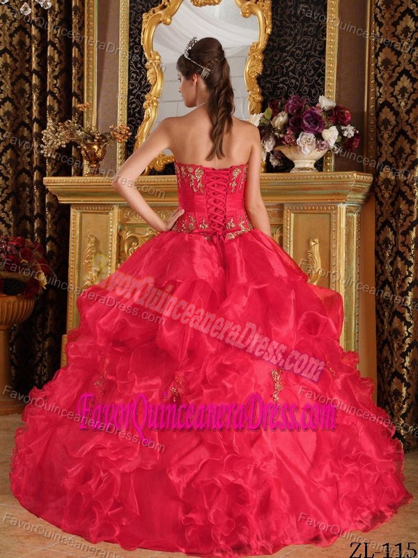 Top Red Strapless Quince Dress with Appliques and Ruffles in Organza