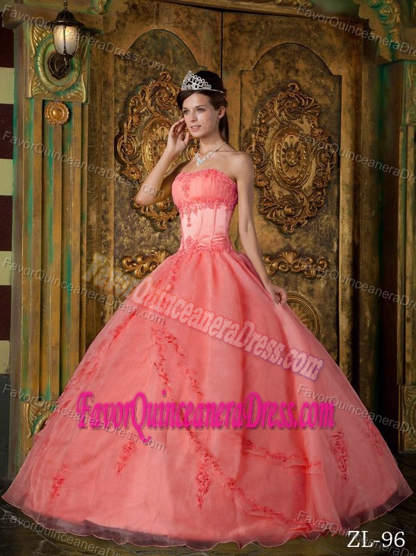 Latest Appliqued Strapless Organza Sweet Sixteen Dress in Watermelon