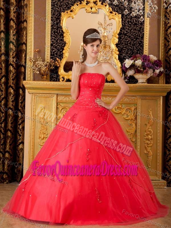 Strapless Simple Red Tulle Quinceanera Gown Dresses with Appliques