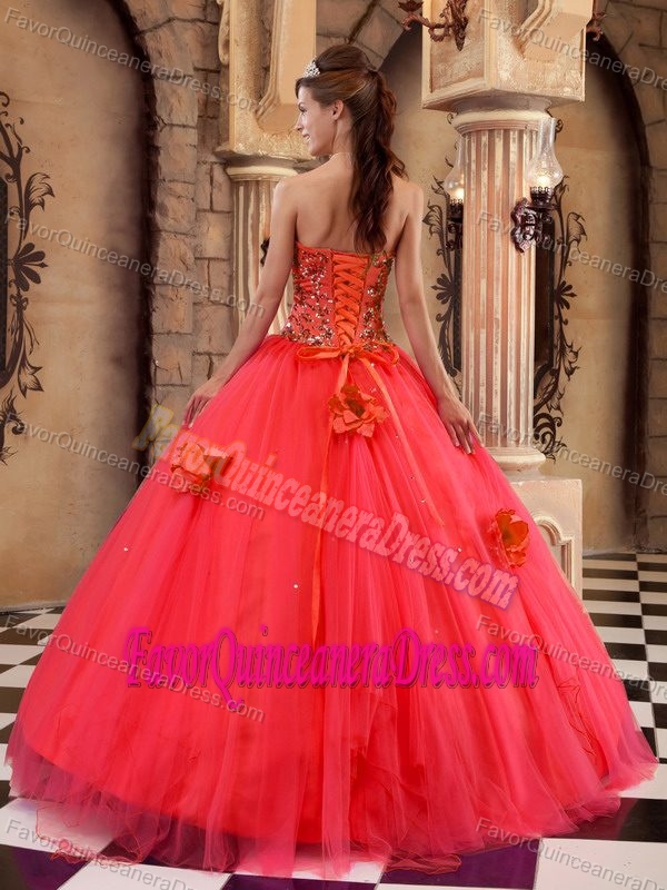 Ornate Strapless Satin and Tulle Red Sweet Sixteen Dress with Flowers