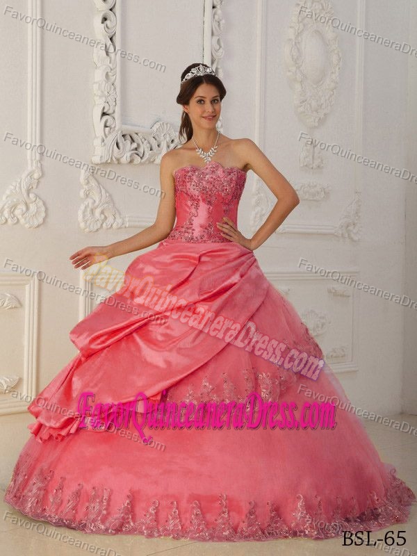 Red Sweetheart Taffeta and Tulle Unique Quince Dress with Appliques