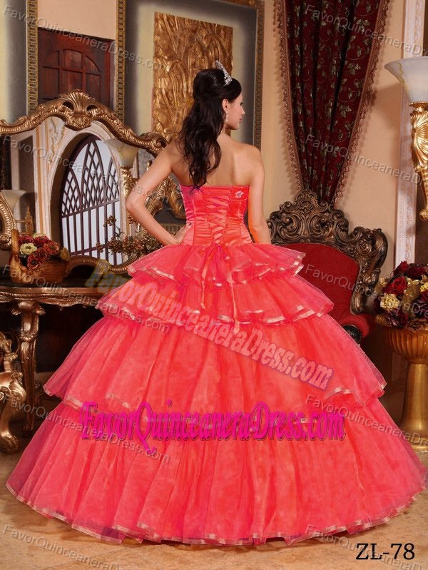 Popular Coral Red Strapless Sweet 15 Dresses in Organza with Ruffles