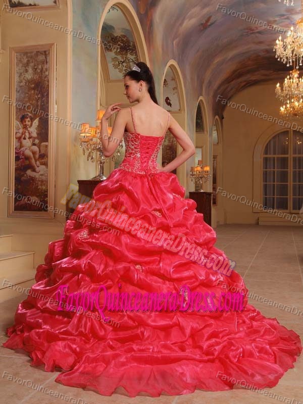 Hot Organza Spaghetti Straps Dress for Quince in Red with Brush Train