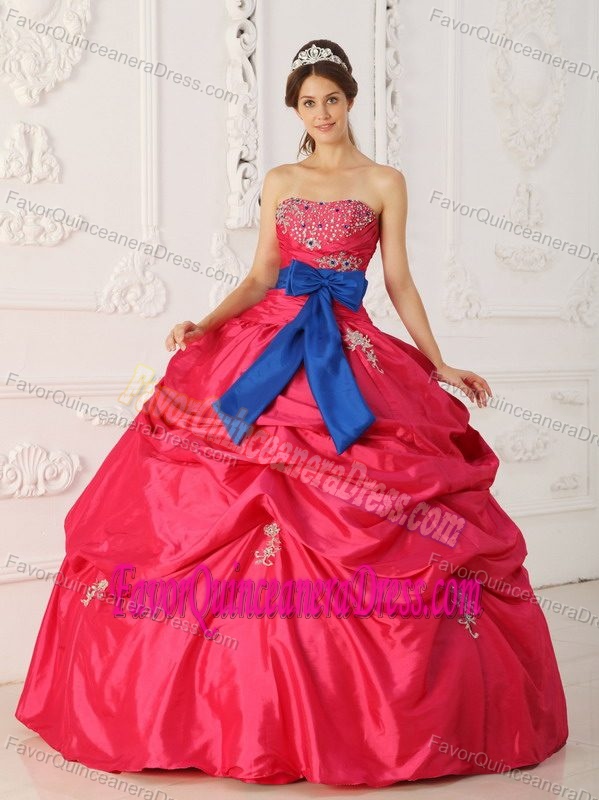 Nice Coral Red Strapless Taffeta Quinceanera Gown Dresses with Sash