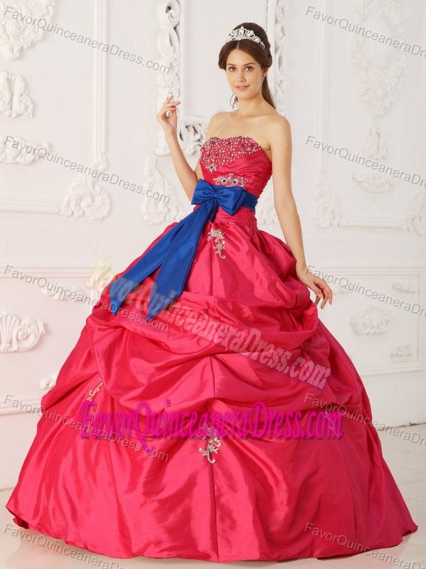 Nice Coral Red Strapless Taffeta Quinceanera Gown Dresses with Sash