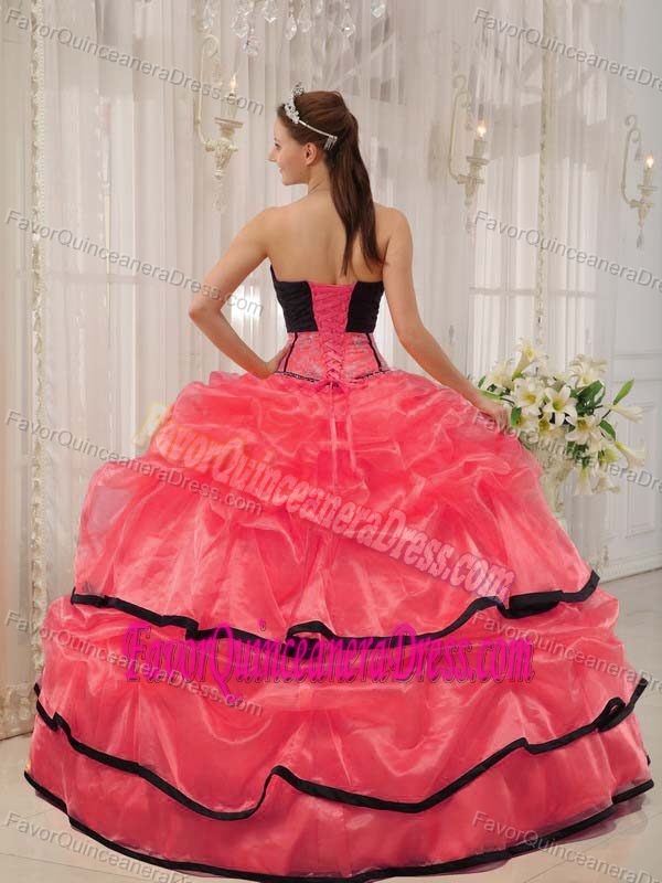 Ruffled Red and Black Strapless Dress for Quince in Satin and Organza