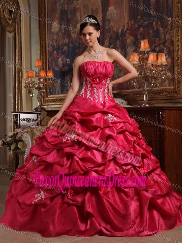 Red Strapless Taffeta Popular Quinceanera Gown Dress with Pick-ups