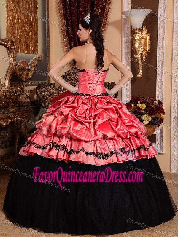 Taffeta Watermelon and Black Strapless Quince Dress with Appliques