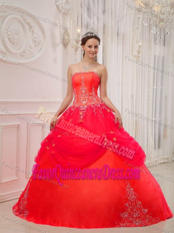 Noble Taffeta and Tulle Red Strapless Quince Dress with Embroidery